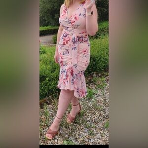 Floral Ruched Chiffon Faux Wrap Dress